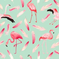 Vlies Fototapete Flamingo Nahtloses Vektorsommermuster des tropischen Flamingos mit rosa Federn. Exotischer rosa Vogelhintergrund für Tapeten, Webseite, Textur, Textil. Tier Wildlife Design