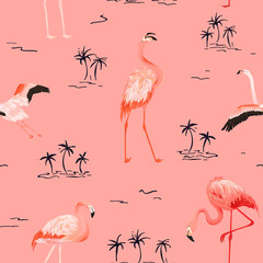 Tropical Flamingo seamless vector summer pattern with tropic palm trees. Bird background for wallpapers, web page, texture, textile.