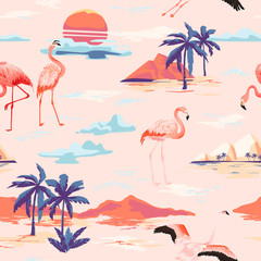 Tropical Island and Flamingo seamless vector summer pattern with tropic palm trees. Vintage background for wallpapers, web page, texture, textile.