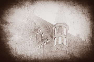 View at facade of old church in Bremen, Germany. . Image in sepia color style