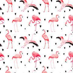 Fototapeta premium Tropical Flamingo seamless vector summer pattern with hearts. Exotic Pink Bird background for wallpapers, web page, texture, textile. Animal Wildlife Design