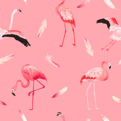Fototapeta premium Tropical Flamingo seamless vector summer pattern with pink feathers. Exotic Pink Bird background for wallpapers, web page, texture, textile. Animal Wildlife Design