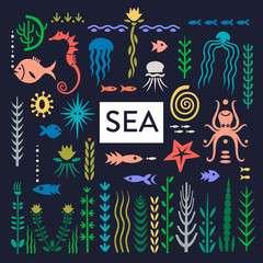 Vector set of flat hand-drawn sea creatures and weeds