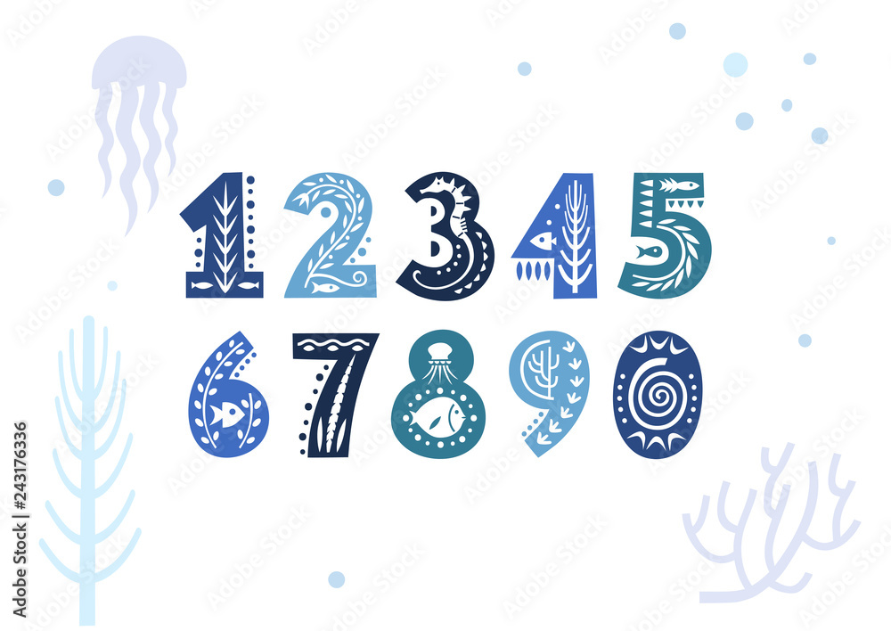 Poster set of vector numbers decorated with underwater patterns.