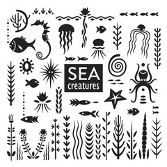 Vector set of black hand-drawn silhouettes of  sea creatures and weeds