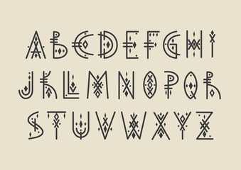 Vector alphabet set. Capital letters in geometric tribal line art style. For hipster theme, trendy posters