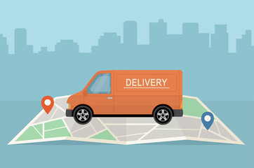 Delivery van and map on city background. Transport services, logistics and freight of goods concept. Flat style, vector illustration.  © alazur