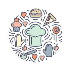 Vector illustration with food, cook cap and additional items. Doodle style round concept