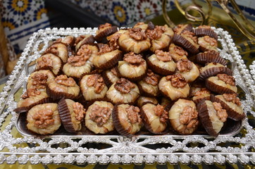 Moroccan biscuits for weddings. Biscuits are served with internationally known Moroccan tea. Biscuits are made from flour, eggs, chocolate and sugar