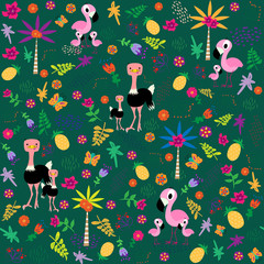 Seamless pattern with birds family.Flamingo and ostrich. Flawers, leaves, palmtrees. Vector illustration in cartoon style.