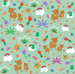 Pattern with cute camels and little froggi. Cartoon style. Vector illustration.