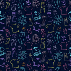 Fashion doodles pattern. Clothes sketch. Apparel. Outfit. Woman fashion background. Fabric design. Casual style. Denim. Jeans wear. Dress. Coat. Jacket. Leggins. Sweater. T-shirt.