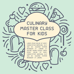 Banner concept of culinary master class for kids with doodle style elements and sample text. Suitable for advertising, invitation or card