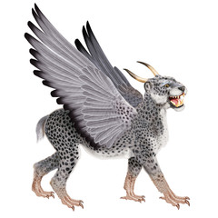panthère, léopard, guépard , cornes, ailes, mythique, volant, imaginaire, fauve, animal, gris, fantastique, hybride, illustration, légende, isolé, fond blanc, en marche, canines, menassent