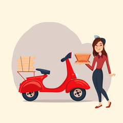 Fototapeta na wymiar Fast Delivery pizza service by scooter with courier. Vector cartoon Girl character illustration. Delivery concept.