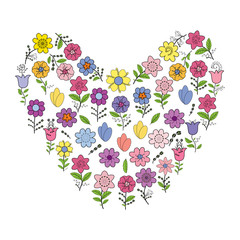 Abstract heart made from different spring flowers. Individual elements isolated on a white background.