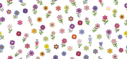 Seamless pattern with different spring flowers. Isolated elements on a white background.