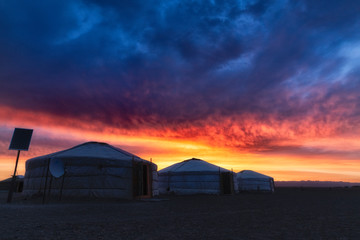 Fototapeta na wymiar Yurts at sunrise
