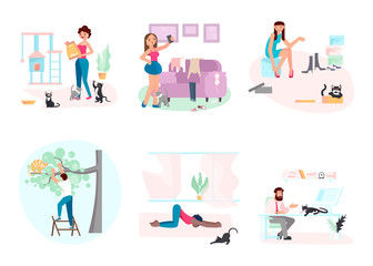 Set Of Cat Owners Characters And Cute Domestic Animals