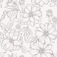 Photo sur Plexiglas Motifs floraux Modèle sans couture avec des fleurs de dahlia. Lignes de contour et traits dessinés à la main.