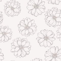 Vintage seamless pattern with dahlia flowers.  Hand-drawn contour lines and strokes.