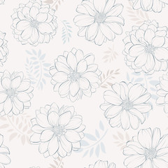 Seamless pattern with dahlia flowers.  Hand-drawn contour lines and strokes.