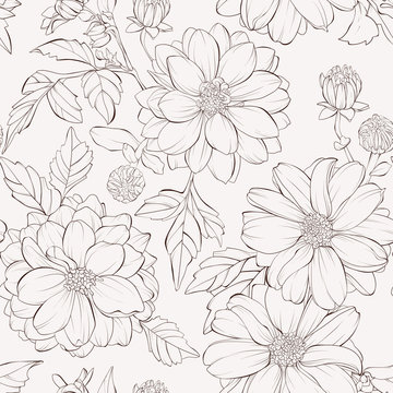 Seamless pattern with dahlia flowers.  Hand-drawn contour lines and strokes.