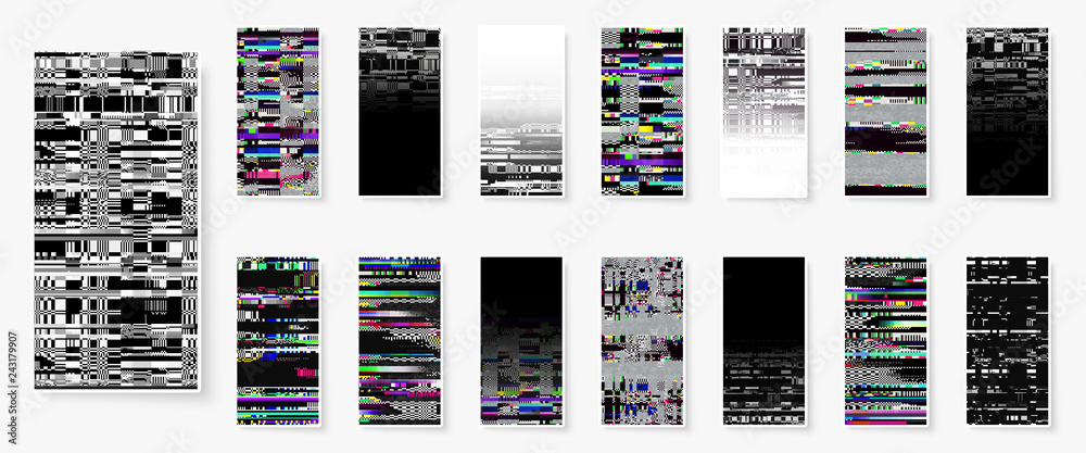 Poster glitch backgrounds set. smartphone screen error wallpapers. digital pixel noise abstract design. dev