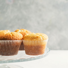 Homemade tasty miffins on white background
