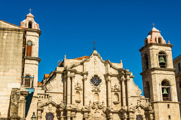 The Cathedral of Havana in Cuba on a beautiful day with a clear blue sky.