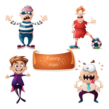 Cartoon set characters thief, football, soccer, boy and office man Stock  Vector | Adobe Stock