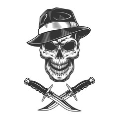 Gangster skull wearing fedora hat