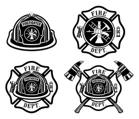 Fire Department Cross and Helmet Designs  is an illustration of four fireman or firefighter Maltese cross design which includes fireman's helmet with badges and firefighter's crossed axes.