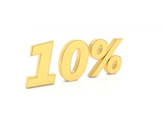 10% gold numbers on a white background. 3d render illustration.