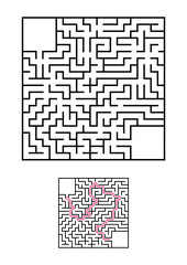 Abstract square maze. Game for kids. Puzzle for children. One entrances, one exit. Labyrinth conundrum. Vector illustration isolated on white background. With answer. With place for your image.