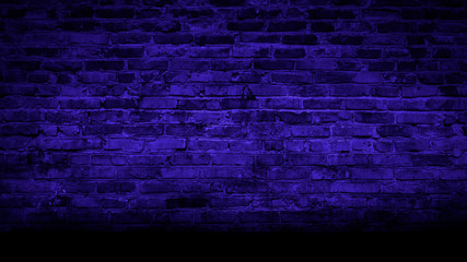 Brick wall, neon light, smoke. Empty dark background with smoke, multicolored smoke.