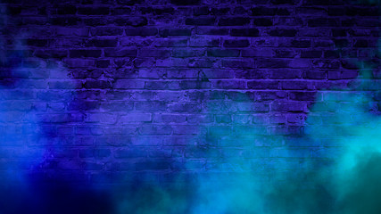 Brick wall, neon light, smoke. Empty dark background with smoke, multicolored smoke.