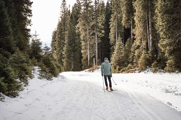 Caucasian man enjoying his free time cross country skiing in the woods, covered with snow