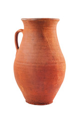 Single antique clay brown weathered and scratched vase with handle isolated on white background. Clipping path - image