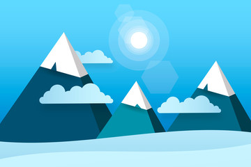 Three Paper Mountains In White Clouds Sunny Day Vector