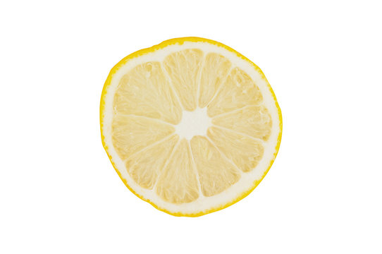 One round piece of fresh ripe sliced lemon isolated on white background. Top view. Clipping path - image