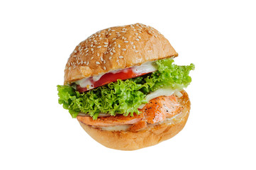 Tasty burger with salmon isolated on white background