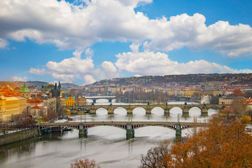 Fototapeta na wymiar View of the Prague with Charles bridge and Vltava River, Czech Republic