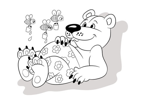 Illustration of a cartoon sweet little bear with bees, contour
