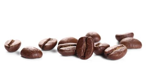 Pile coffee beans isolated on white 