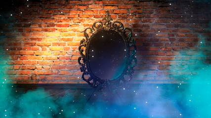 Mirror magical, fortune telling and fulfillment of desires. Brick wall with thick smoke, rays of...