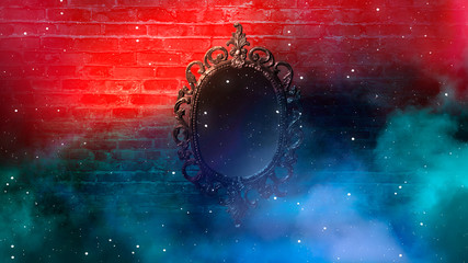 Mirror magical, fortune telling and fulfillment of desires. Brick wall with thick smoke, rays of magic light, night feed, riddle.