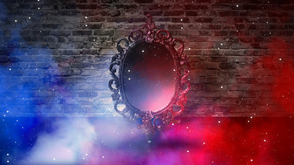 Mirror magical, fortune telling and fulfillment of desires. Brick wall with thick smoke, rays of magic light, night feed, riddle.