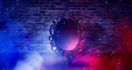 Mirror magical, fortune telling and fulfillment of desires. Brick wall with thick smoke, rays of magic light, night feed, riddle.