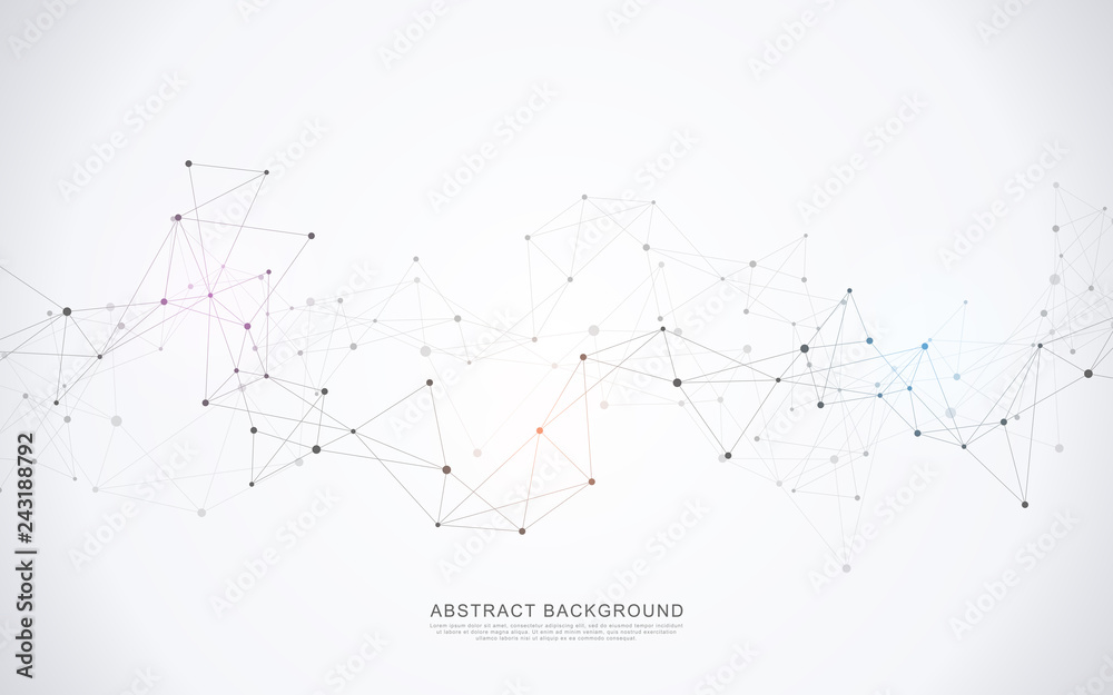 Poster geometric abstract background with connected dots and lines. molecular structure and communication c